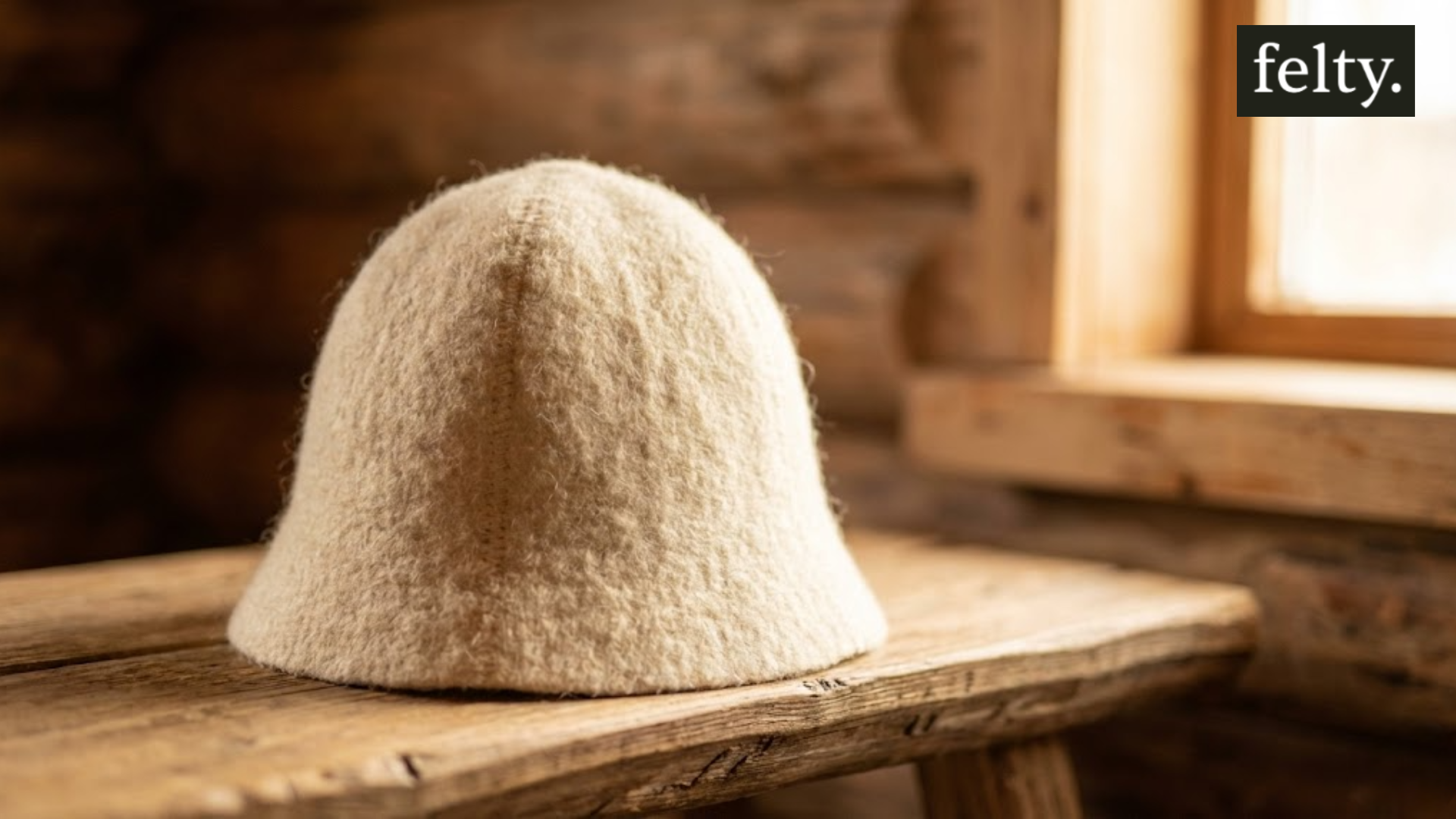 A close-up of a wool felt sauna hat on a bench, representing a unique type of best value wool hats ranked by price.