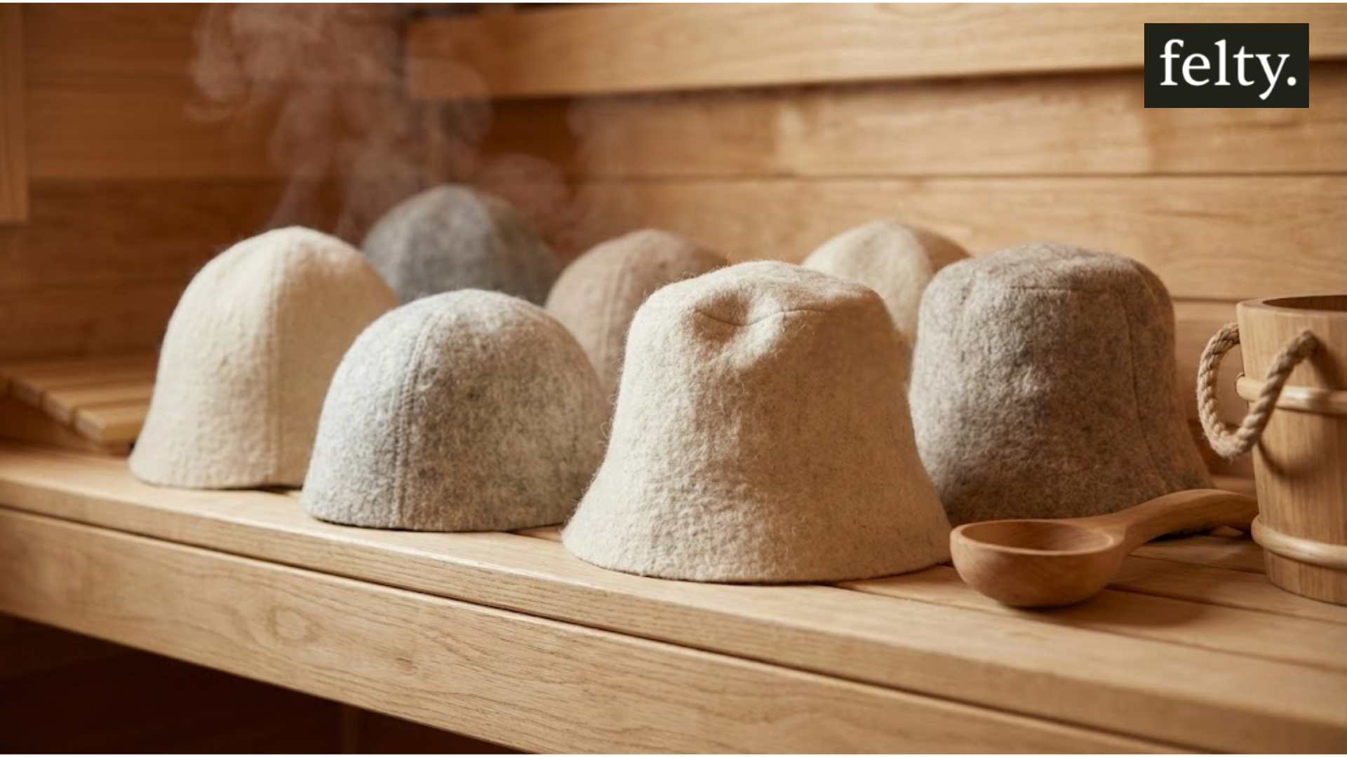 Several traditional wool sauna hats, considered the highest rated felt hats on the market, displayed on a sauna bench.