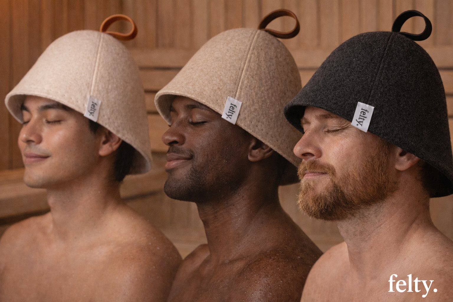 Three people wearing felt sauna hats sitting side by side in sauna, eyes closed, relaxed.