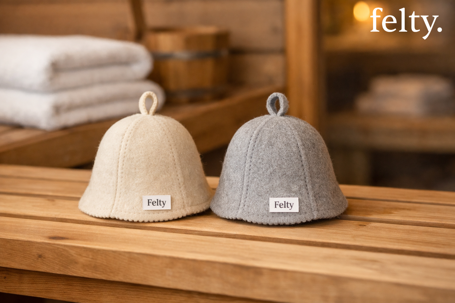 Close-up of a neutral-toned felt sauna hat with a top loop and "Felty" logo.