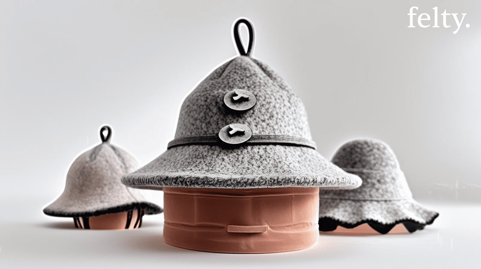 "Felty" brand grey wool sauna hats arranged on clay stands, highlighting the thick, insulating fabric and unique top-loop design against a clean white background.