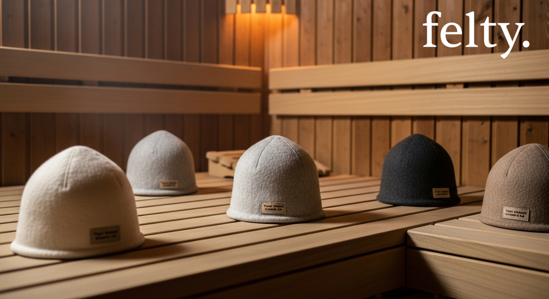 A lineup of four felt wool sauna hats in varying earth tones—light grey, charcoal, mustard, and rust,arranged on a wooden sauna bench.