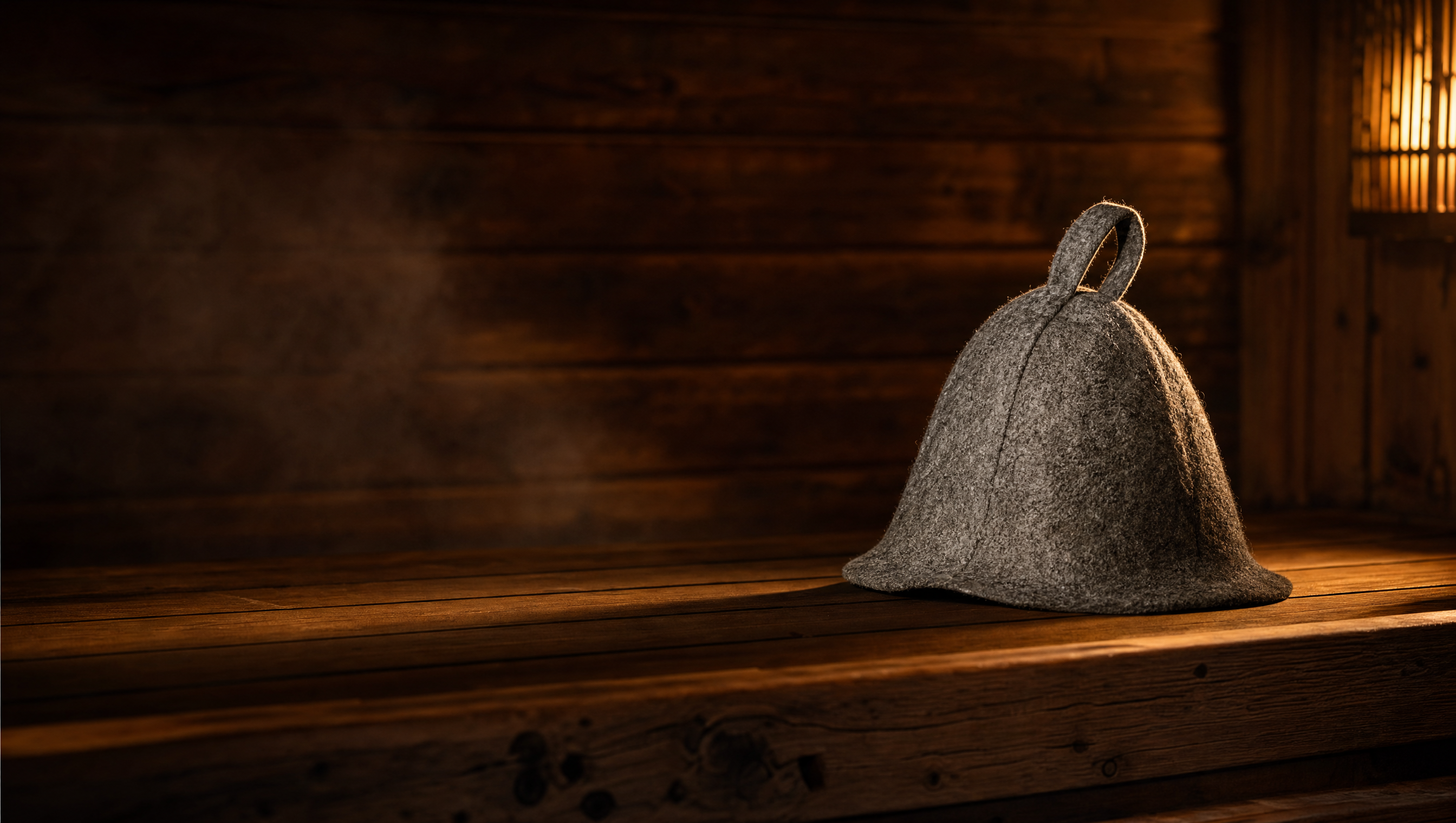 Man wearing the best sauna hat for men, a heather-gray wool sauna hat, in a moody dark-cedar sauna