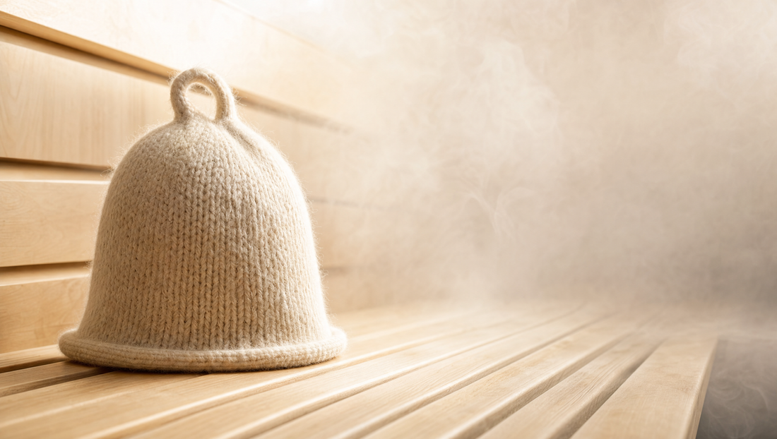Woman wearing the best sauna hat for women, an ivory wool sauna hat, in a bright blonde-wood sauna