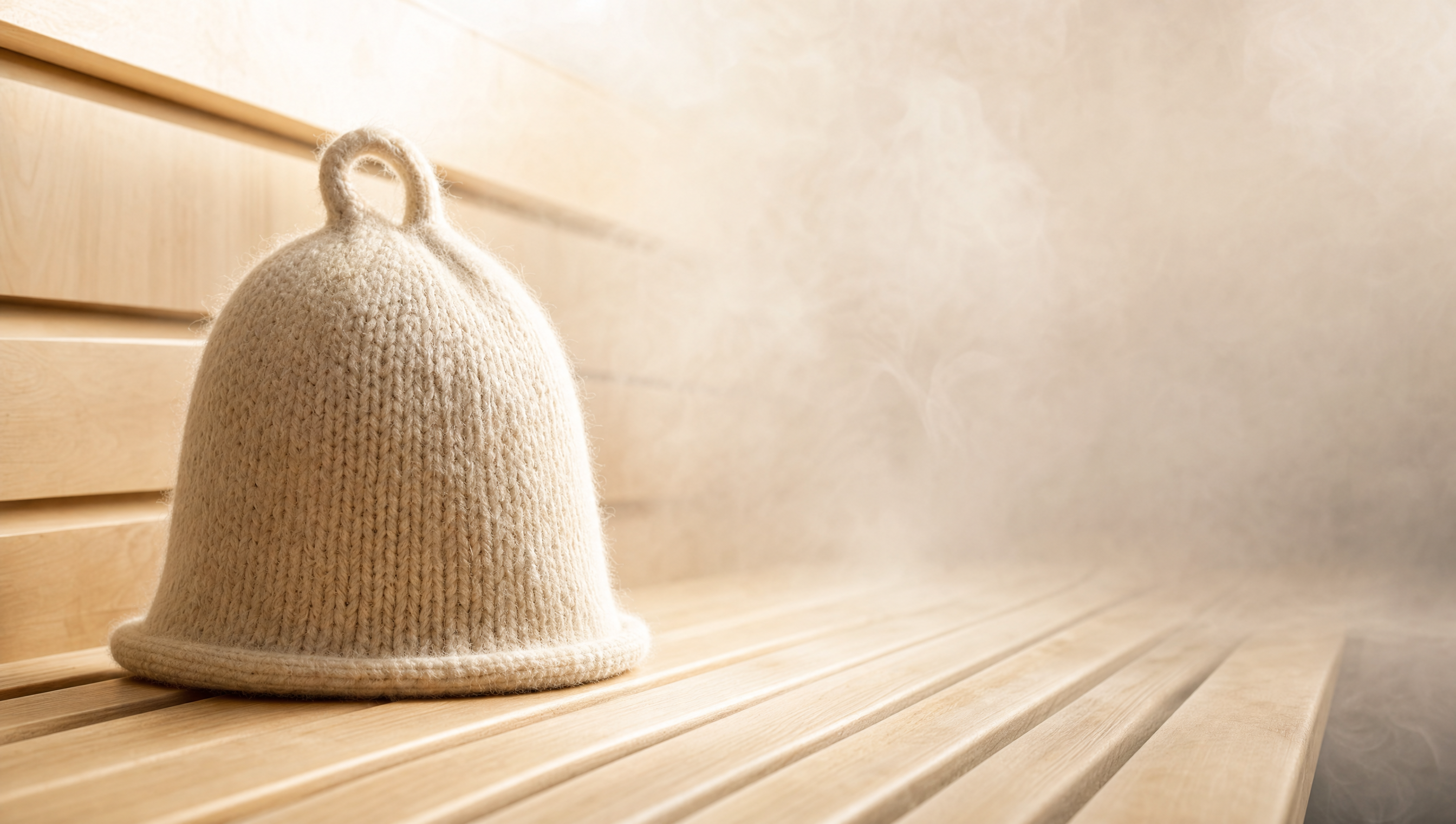 Woman wearing the best sauna hat for women, an ivory wool sauna hat, in a bright blonde-wood sauna
