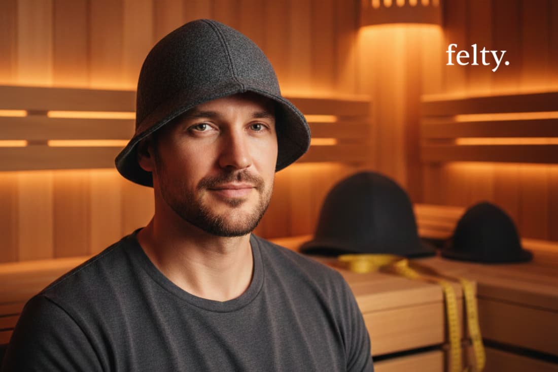 A model wearing a stylish, felt sauna hat, highlighting the thoughtful design and high-quality materials that make for the best fit.