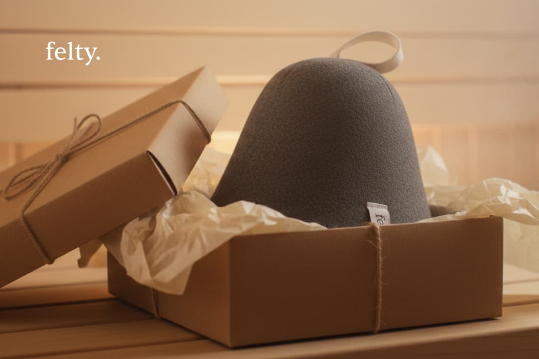 A soft, insulating sauna hat presented in a gift-ready container, hinting at a selection of trendy and functional cold-weather items that make great gifts for him.