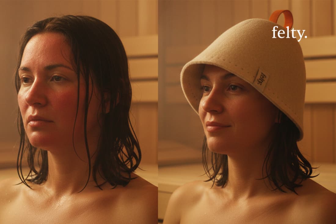 The image demonstrates the different experiences using a protective sauna hat versus forgoing one, showcasing how personalized accessories optimize the therapeutic benefits.