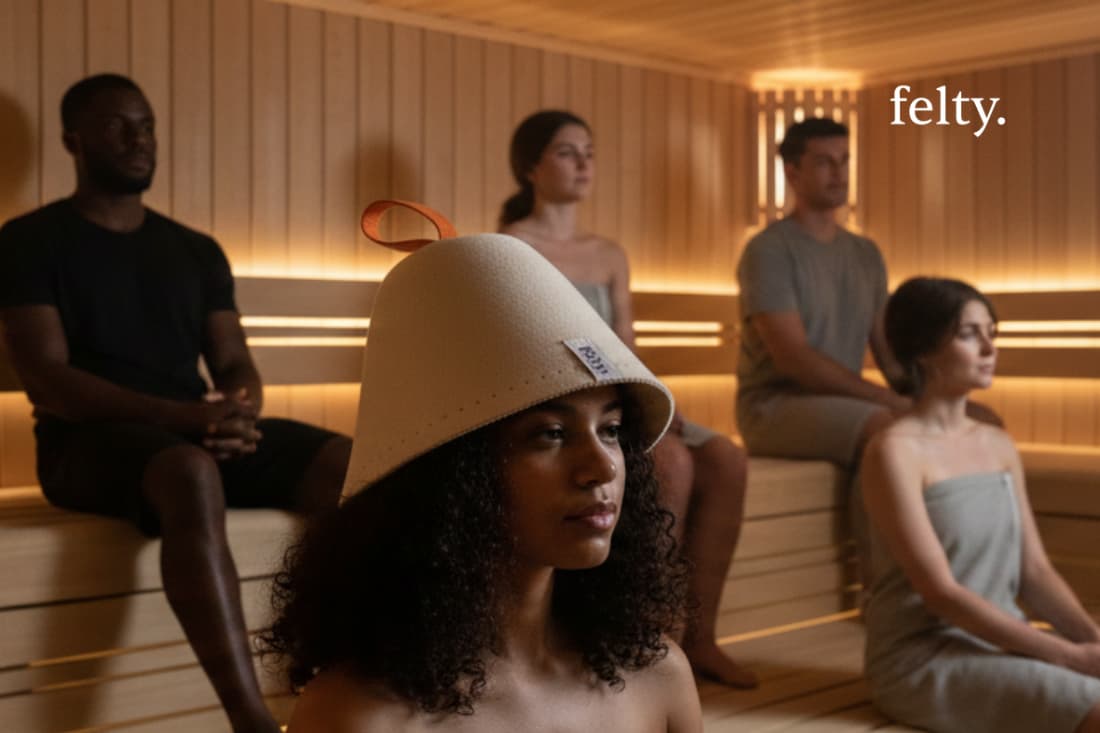 This image highlights the social dynamics within a shared sauna environment, showcasing how custom accessories like hats can shape the communal experience.