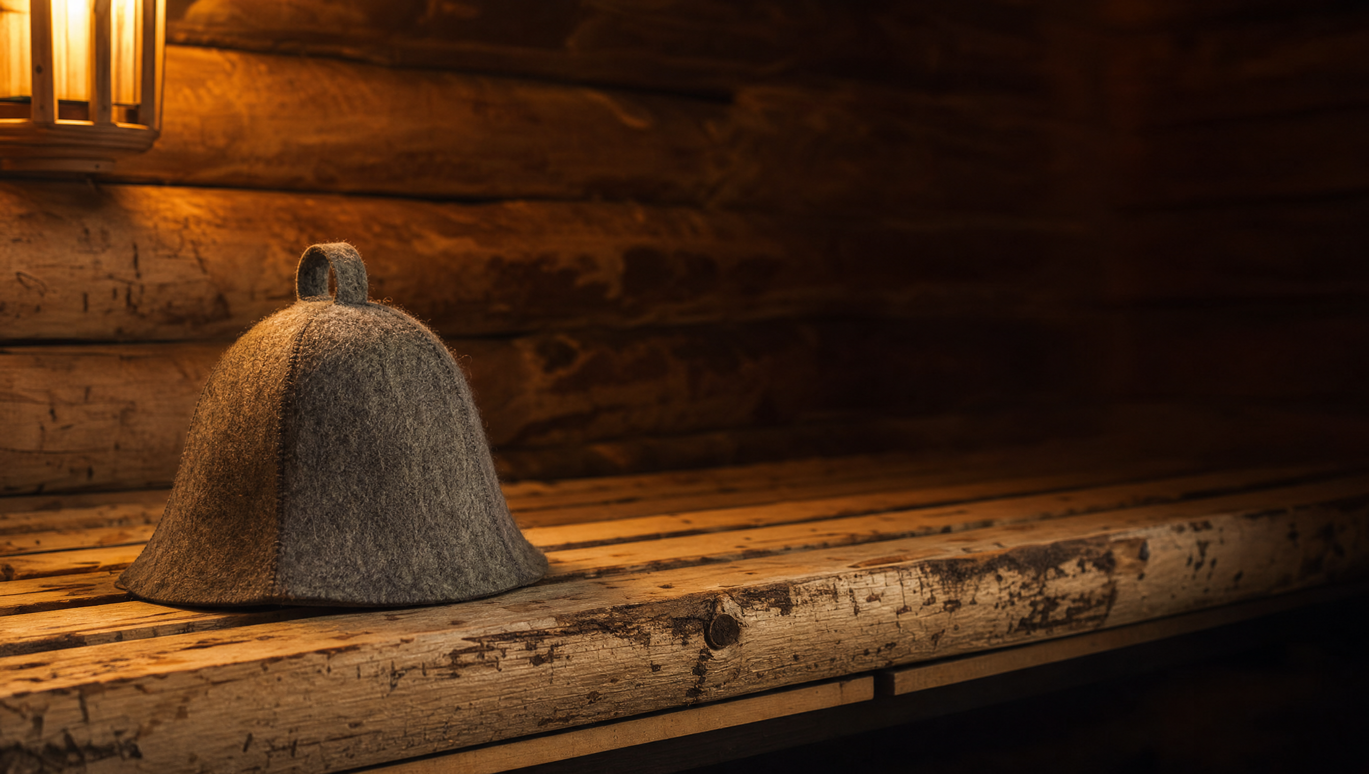 A traditional heather-gray wool Finnish sauna hat resting on a rustic birch bench, illustrating saunahattu history and tradition