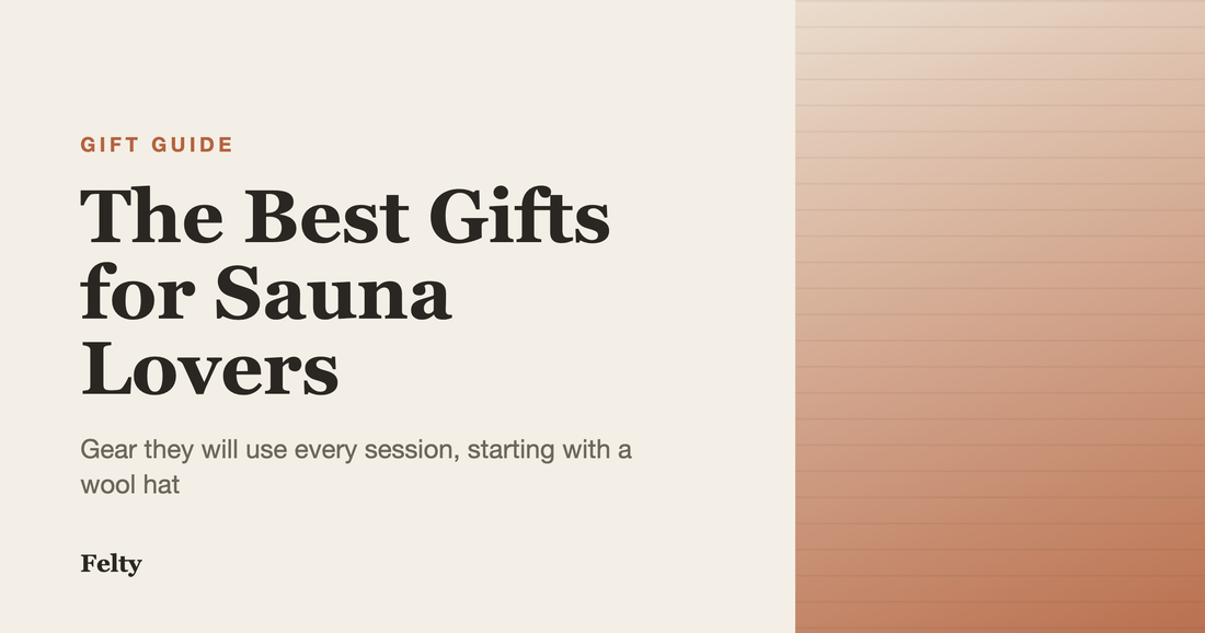A wool sauna hat, wooden ladle, and sauna thermometer arranged as gift ideas for sauna lovers