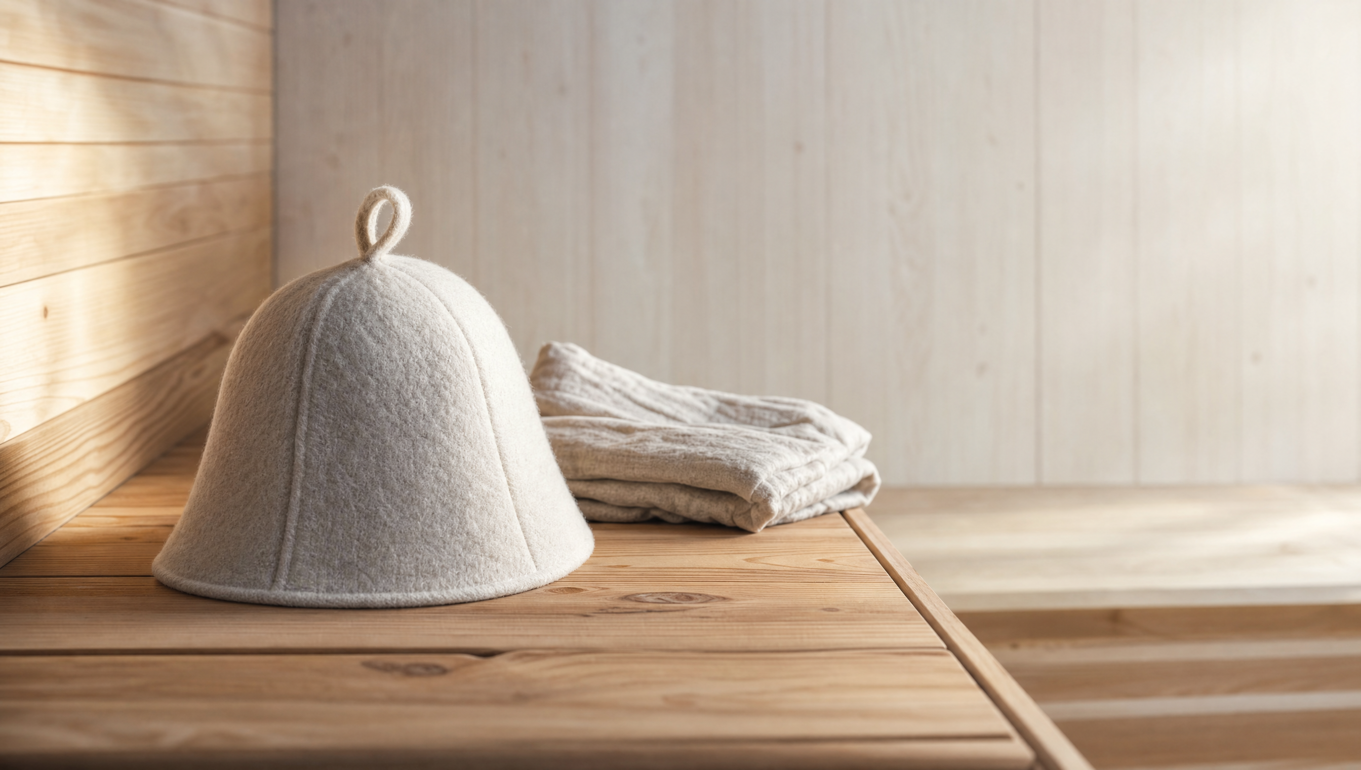 Person using a sauna hat correctly by placing an ivory wool sauna hat on their head before a sauna session