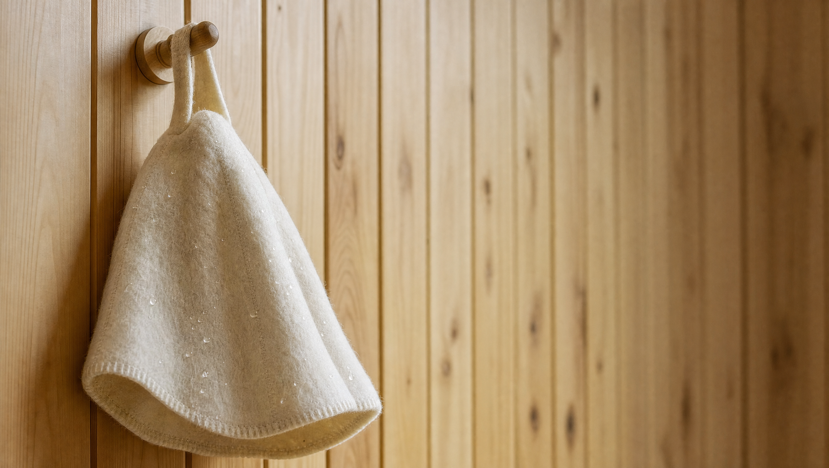 Hands gently hand-washing an ivory wool sauna hat in a basin of cool water, the right way to wash a wool sauna hat