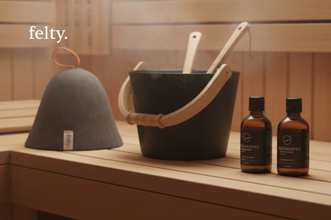An assortment of sauna accessories, including a felt hat and essential oils, suggesting thoughtful gift options for the sauna enthusiast.