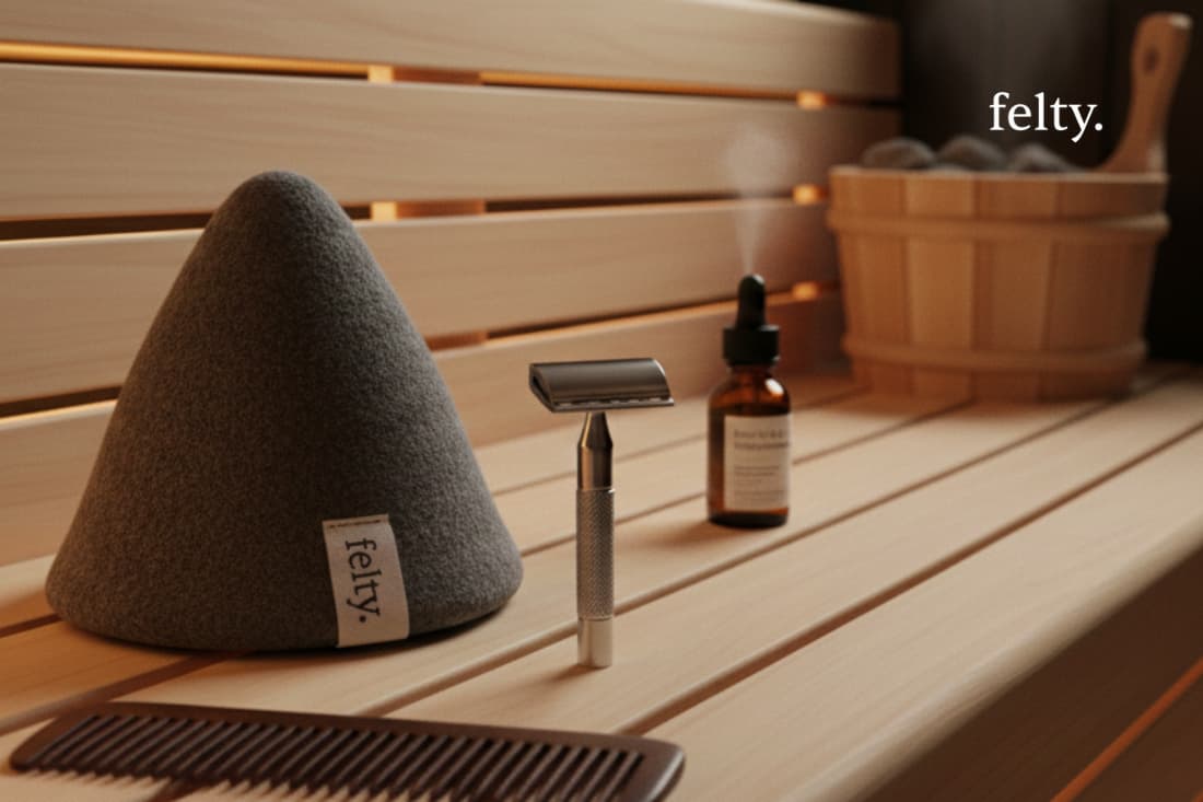 An array of men's grooming and sauna accessories, including a premium wool hat and toiletry products, creating a relaxing self-care experience.
