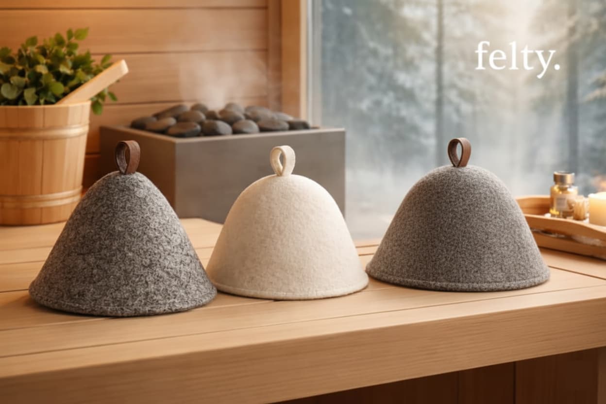 Diverse selection of specialized felt sauna hats displayed, ideal for the comfort and convenience of sauna enthusiasts.