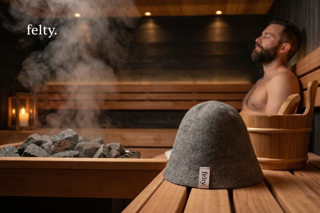 An image showcasing the practical benefits of a wool sauna hat, blending seamlessly into the warm, rustic aesthetic of a traditional Finnish-style sauna.