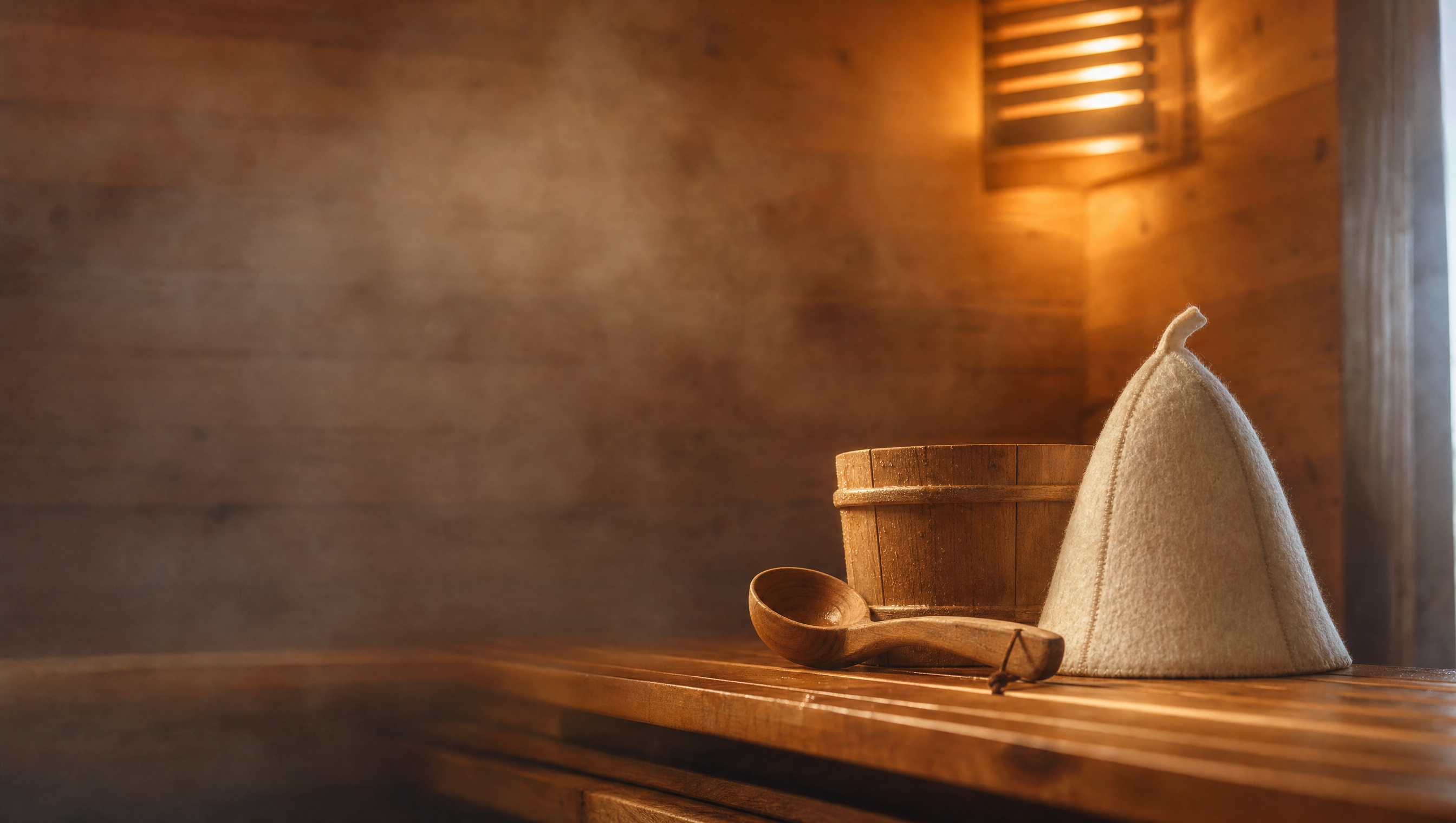 Ivory wool sauna hat on a cedar bench, illustrating the main sauna hat benefits of a cooler head and longer sessions