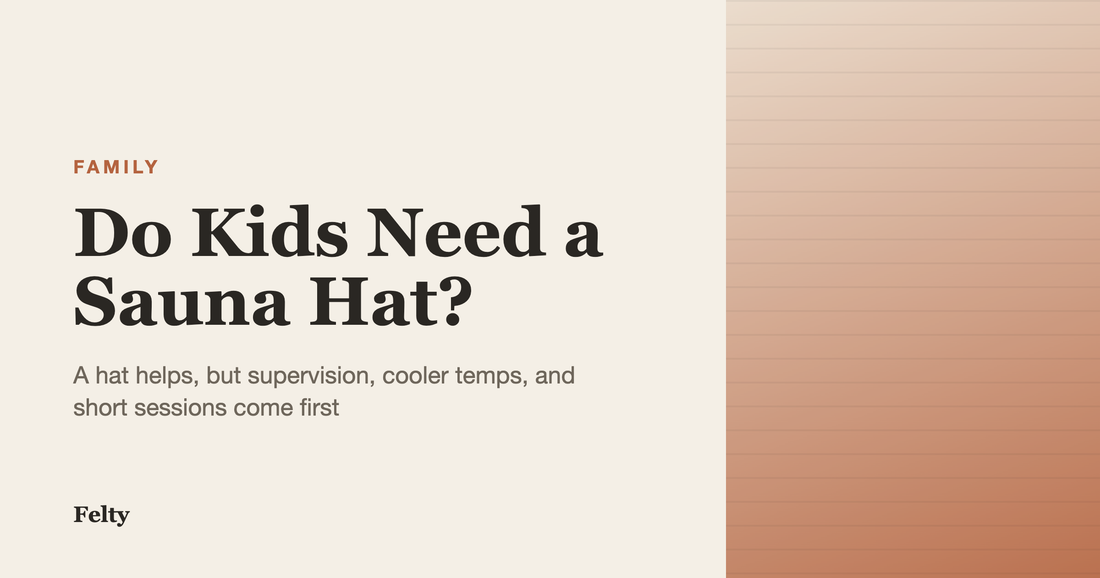A small wool sauna hat hanging beside two adult-sized hats on a wooden wall, illustrating a family sauna with a kids sauna hat