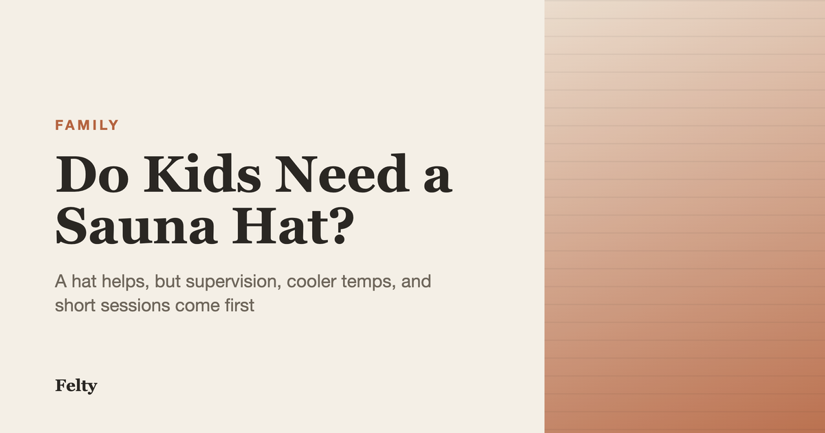 A small wool sauna hat hanging beside two adult-sized hats on a wooden wall, illustrating a family sauna with a kids sauna hat