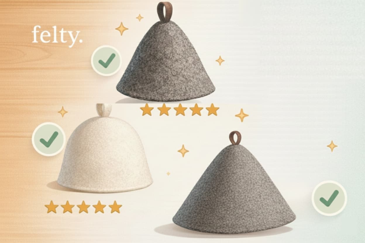 Image displays various models of trendy, well-reviewed felt sauna hats, indicating the growing demand for stylish and functional thermal headwear.