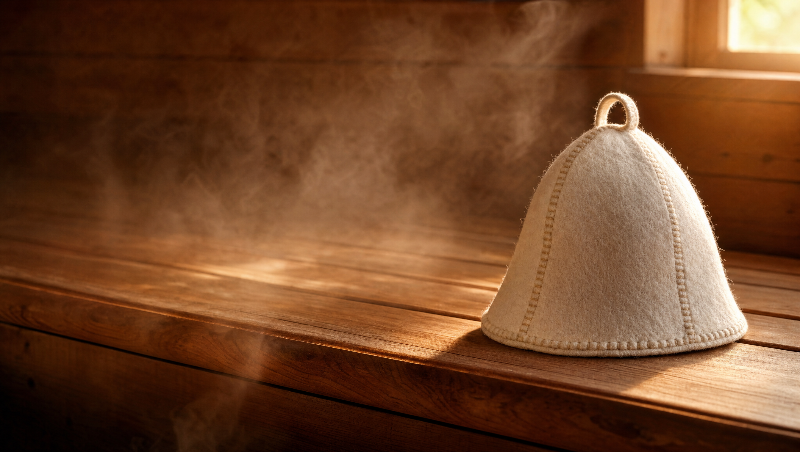 Three sauna hats side by side on a cedar bench for comparison: an ivory wool hat, a gray wool felt hat, and a synthetic hat